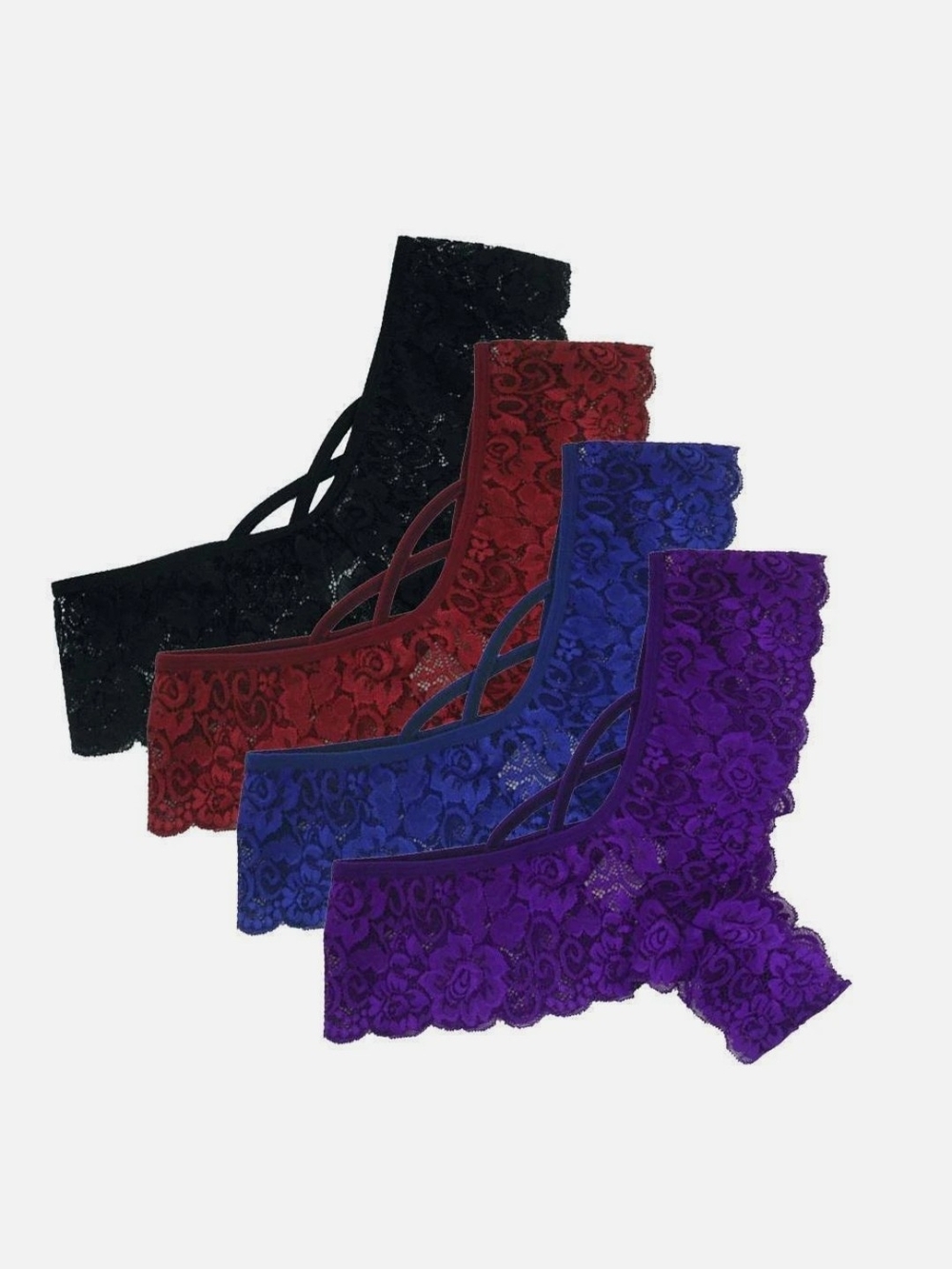 4 PACK Lace Cheeky Thong Set — Black, Wine, Royal Blue, Purple
